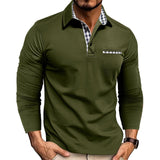 Camisa Polo de Solapa con Empalme de Cuadros Casual - Elegante Top de Manga Larga para Hombre