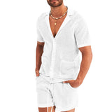 Conjunto de camisa de manga corta calada casual de verano para hombre y pantalones cortos