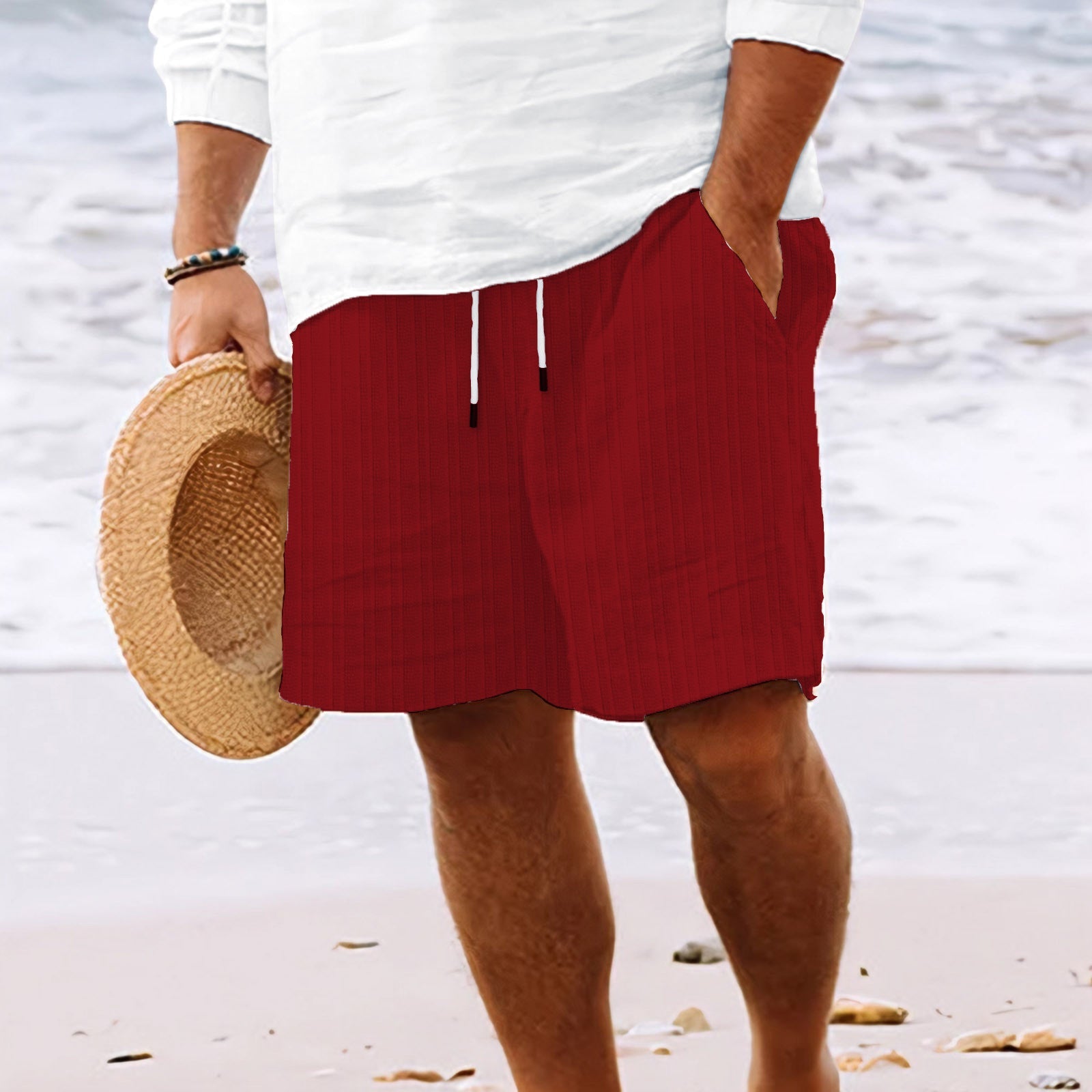 Pantalones cortos de verano para hombre con cordón y rayas
