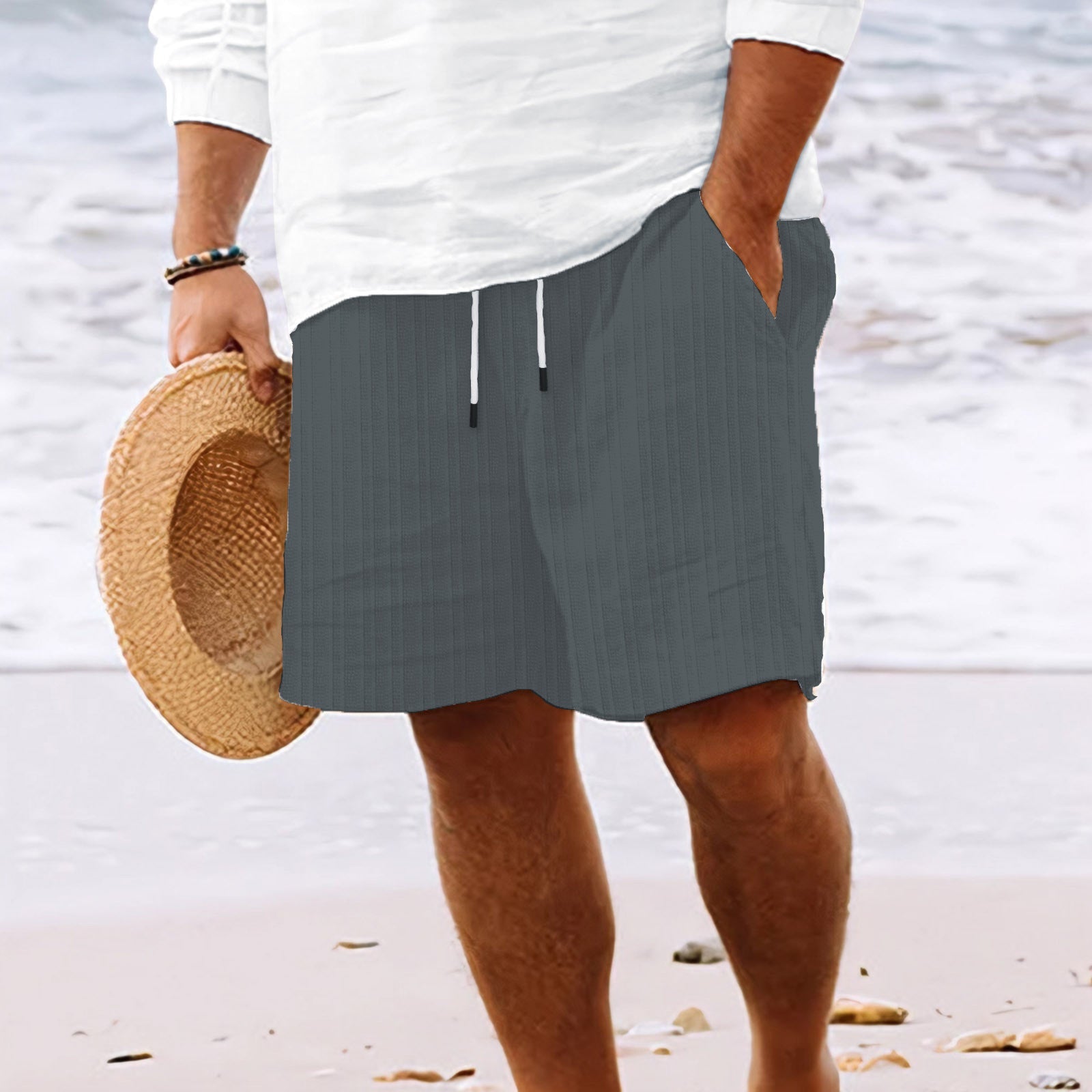 Pantalones cortos de verano para hombre con cordón y rayas