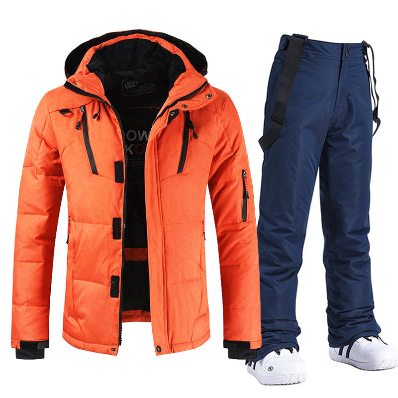 Traje de esquí para hombre, a prueba de viento y agua, con capucha y pantalones con peto