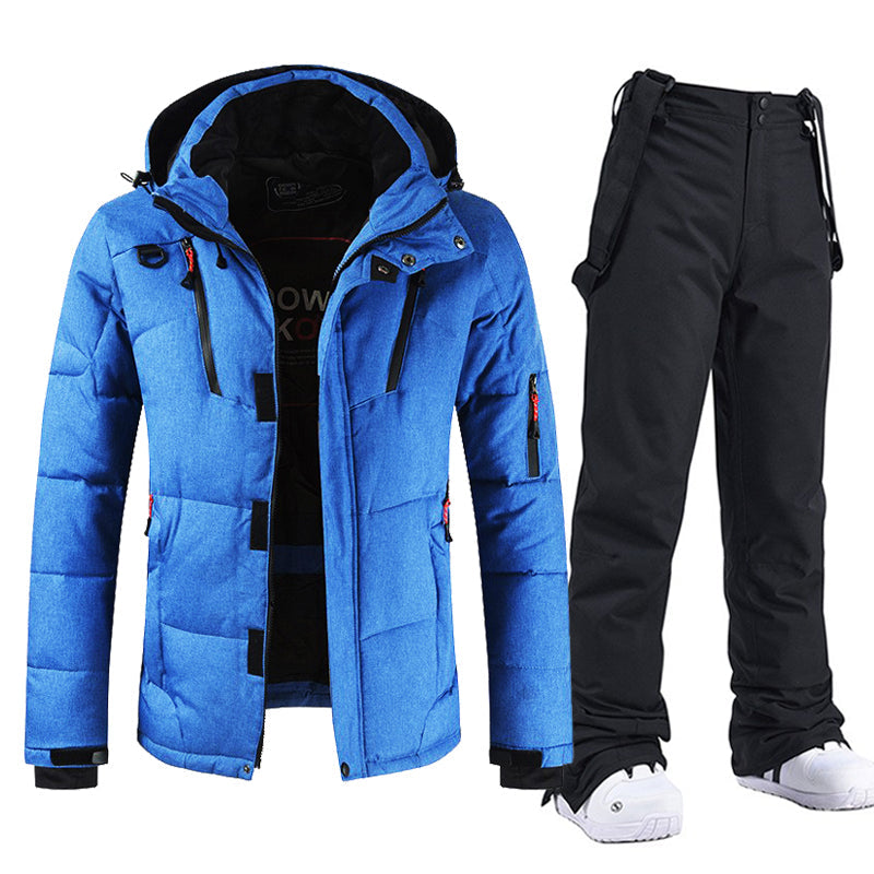 Traje de esquí para hombre, a prueba de viento y agua, con capucha y pantalones con peto